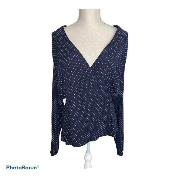 CHELSEA28 Navy Blue & White Polka Dot Blouse Long Sleeve Size Large 1C - Picture 1 of 7
